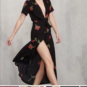 Reformation Hadley Wrap Dress Black Floral Midi Plunge Size XS